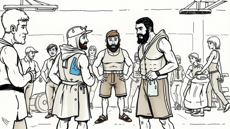 Humorous illustration of diverse gym-goers, reflecting on fitness culture and spiritual community dynamics.